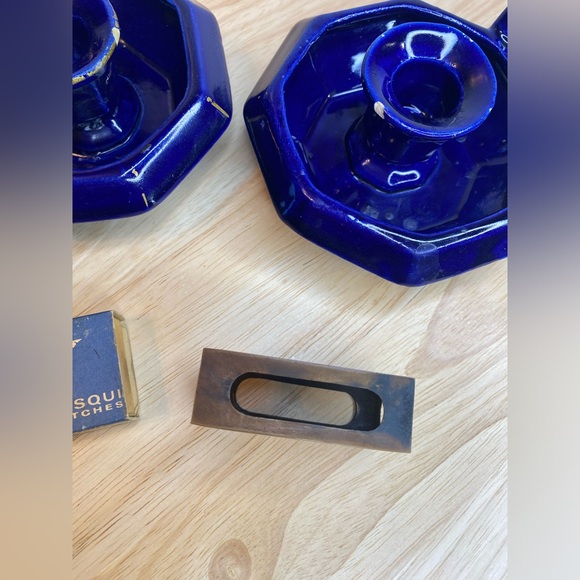 Vintage Brass Cloisonné Match Holder & Candle Holders Colbolt Blue Taper Candle - Picture 6 of 14